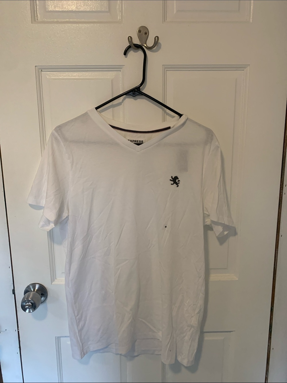 Express White V-Neck Tee with Small Black Logo